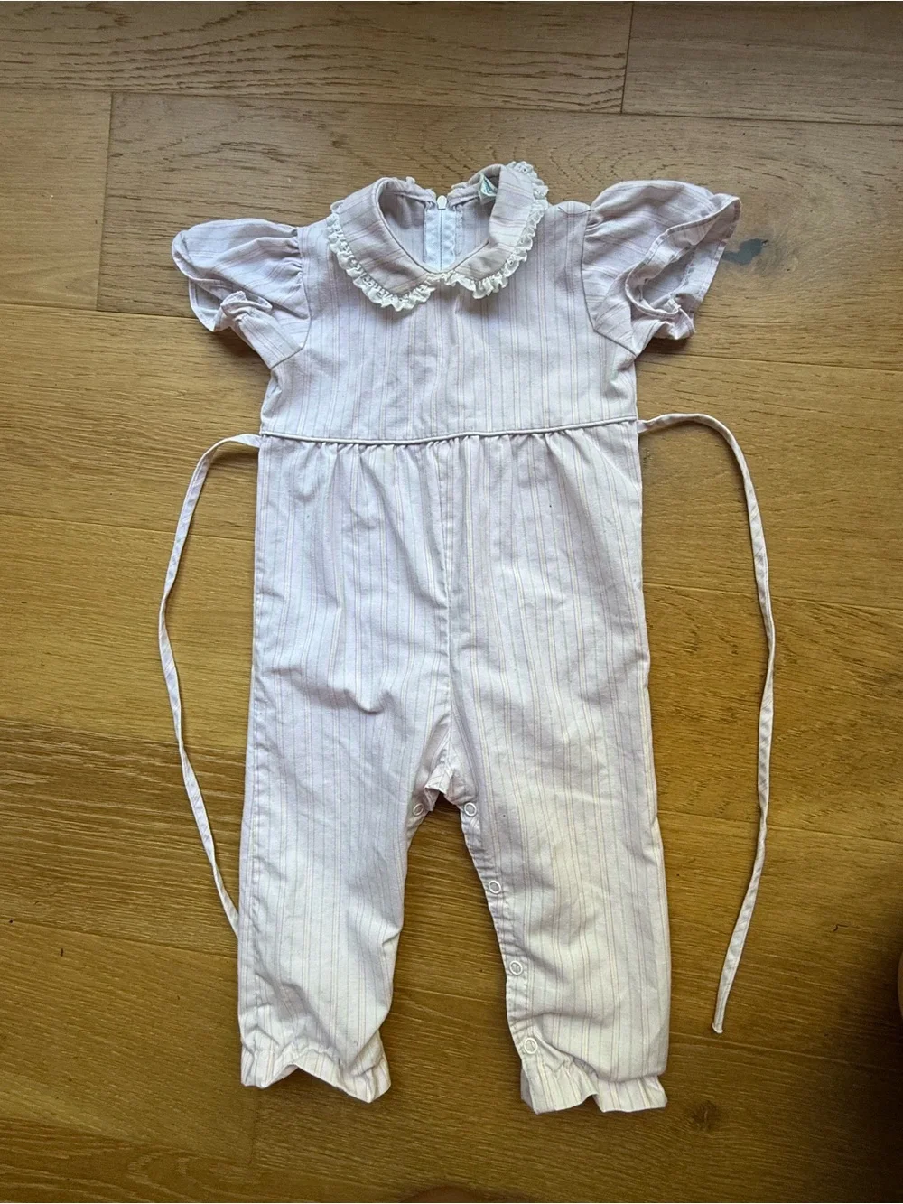 Vintage “By Thomas”  Baby Girl Romper – Pink Stripe Ruffle Collar 18 months